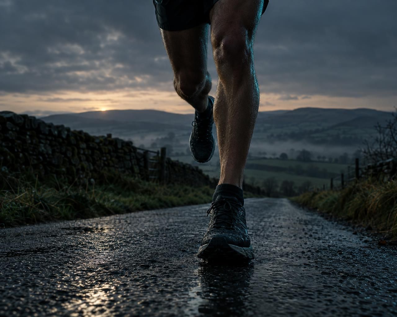 A runner's legs on a country lane at dawn