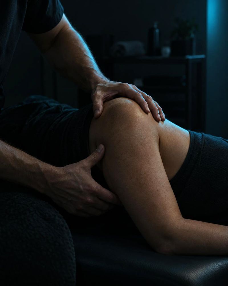 Hands working on a client's shoulder